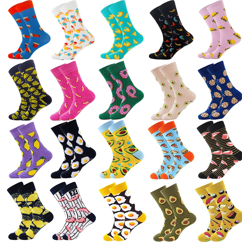 Женские носки, Забавные милые Мультяшные носки с фруктами, бананами, авокадо, лимоном, яйцом, фри, бургером, сыром, едой, счастливым японским Харадзюку, скейтбордом