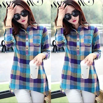 

Fashion Plaid Shirts Women Blouses Long Sleeve Turn-down Collar Casual Matching Color Button Loose Plaid Shirt Blouse Top New