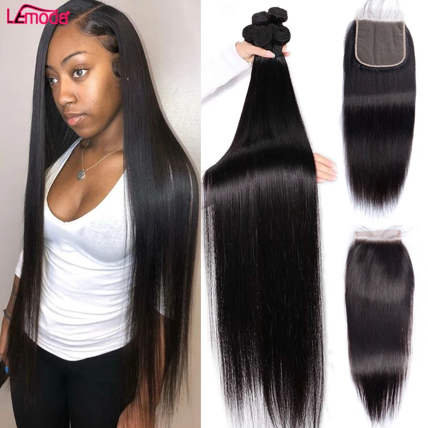 Recto mechones con cierre peruano extensiones de cabello humano mechones con Frontal y 1 3 4 mechones armadura 30 pulgadas Remy extensión del cabello humano