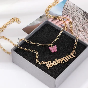 

Fashion Double Layer Angel Babygirl Letter Pendant Necklace Women Blue Pink Acrylic Butterfly Necklace 2020 Boho Jewelry Collar