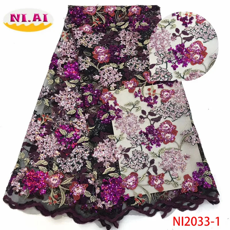 

NIAI High Quality 2019 Tulle Sequins French Nigerian Lace Fabrics Embroidered African Lace Fabric For Women Dress NI2033-1