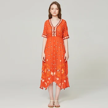 

BOHO PEOPLE Embroidery Dresses 2017 New Plunging Neckline Sheer Asymmetry Tassels Loose Half Sleeve Flowing Maxi Dress Vestidos