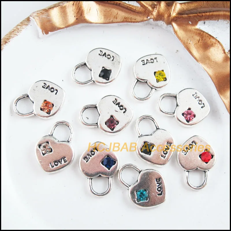 

10 New Heart Charms Tibetan Silver Tone Retro Mixed Crystal Pendants 12.5x17mm