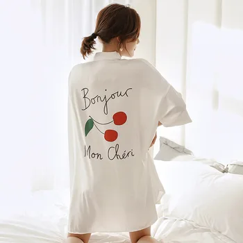 

Silky Women Sleepshirt Robe White Summer Nightgown Loose Turn-down Collar Negligee Lounge Print Sleep Gown Home Clothes