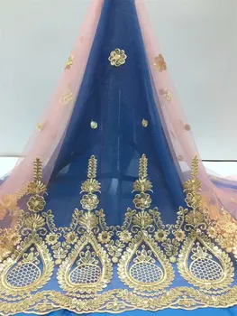 

Latest nigerian lace fabrics with sequin 5yard/lot fashion gold sequin fabric velvet high quality Pink tulle lace free shipping