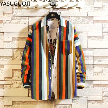 

YASUGUOJI Fashion Pocket Shirt Men 2020 Spring Long Sleeve Striped Shirts Multicolor Top Men Loose Shirts Blouse Casual Shirt