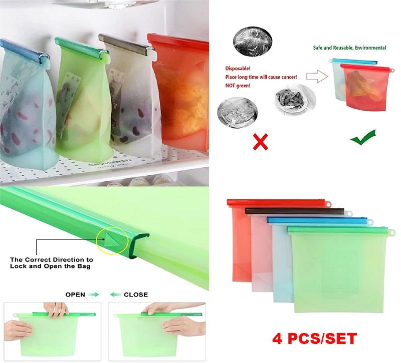 4pcs Reusable Silicone Food Preservation Bag Airtight Seal Food Storage Container Versatile Cooking Bag Kitchen Organizer Bag
