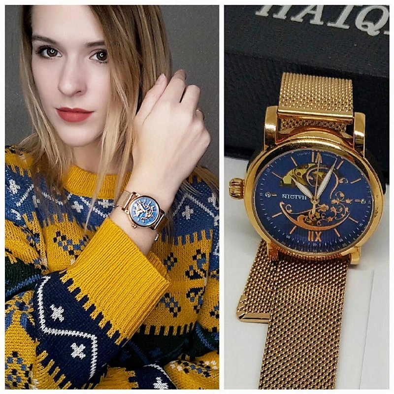 HAIQIN, модные золотые женские механические часы, Топ бренд, роскошные часы, женские наручные часы, подарок для влюбленных, Relogio Feminino, новинка