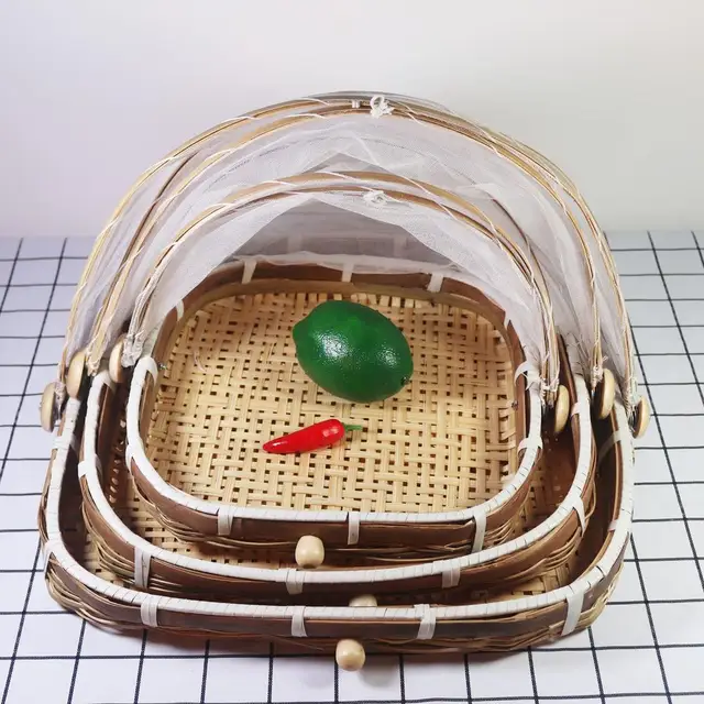 Bamboo Tent Basket Dust Proof Hand Woven Storage Tray Anti Bug Food Fruit Handmade Container Net With Mesh Cover Picnic Basket 2