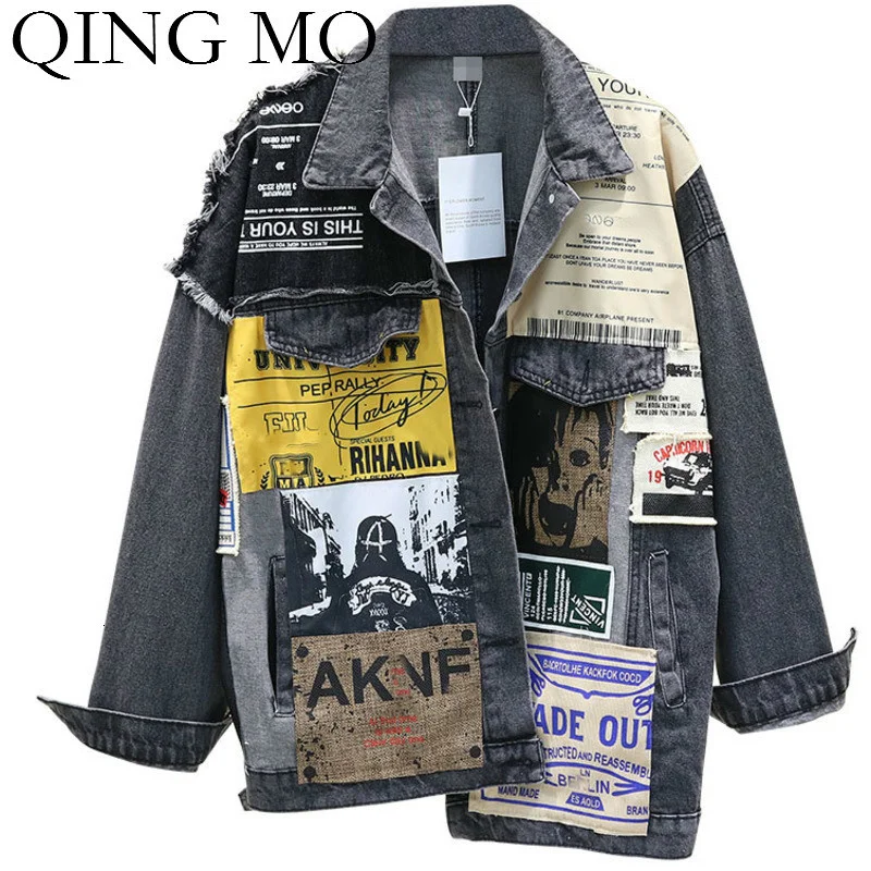 Женское джинсовое пальто QING MO голубое винтажное неправильной формы с нашивкой