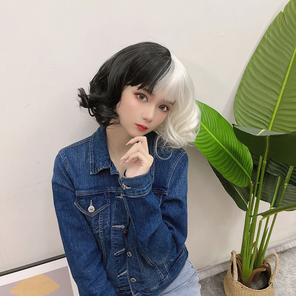 YIMIANJUQUAN Movie Cruella Wig Half Black And White Wigs For Costume Cosplay Women Girls Short Curly Hair Cute Party Halloween -Zentai shop online H0a27b99b63ec49d78b91def4fb7d7429d.jpg