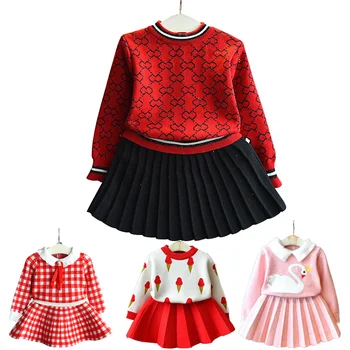 Baby girl clothes new female baby sweater set children's plaid printing knit suit sweater girls warm sweater skirt two-piece 1