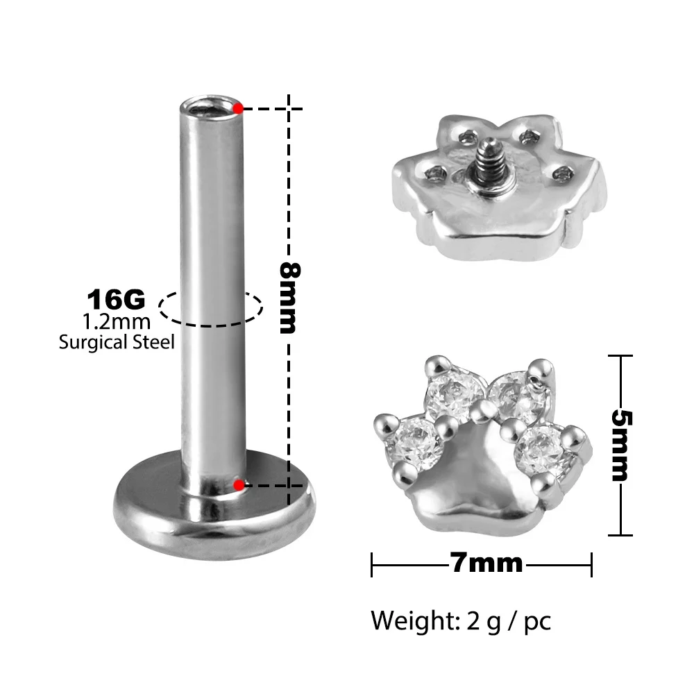 Paw Labret Monroe Lip Ring Bar Stud Zircon Internally Threaded 16G Tragus Helix Ear Cartilage Piercing Earring Body Jewelry 1PC piercing jewelry,body piercing earrings,ear piercing jewelry,body piercing jewelry,body jewelry