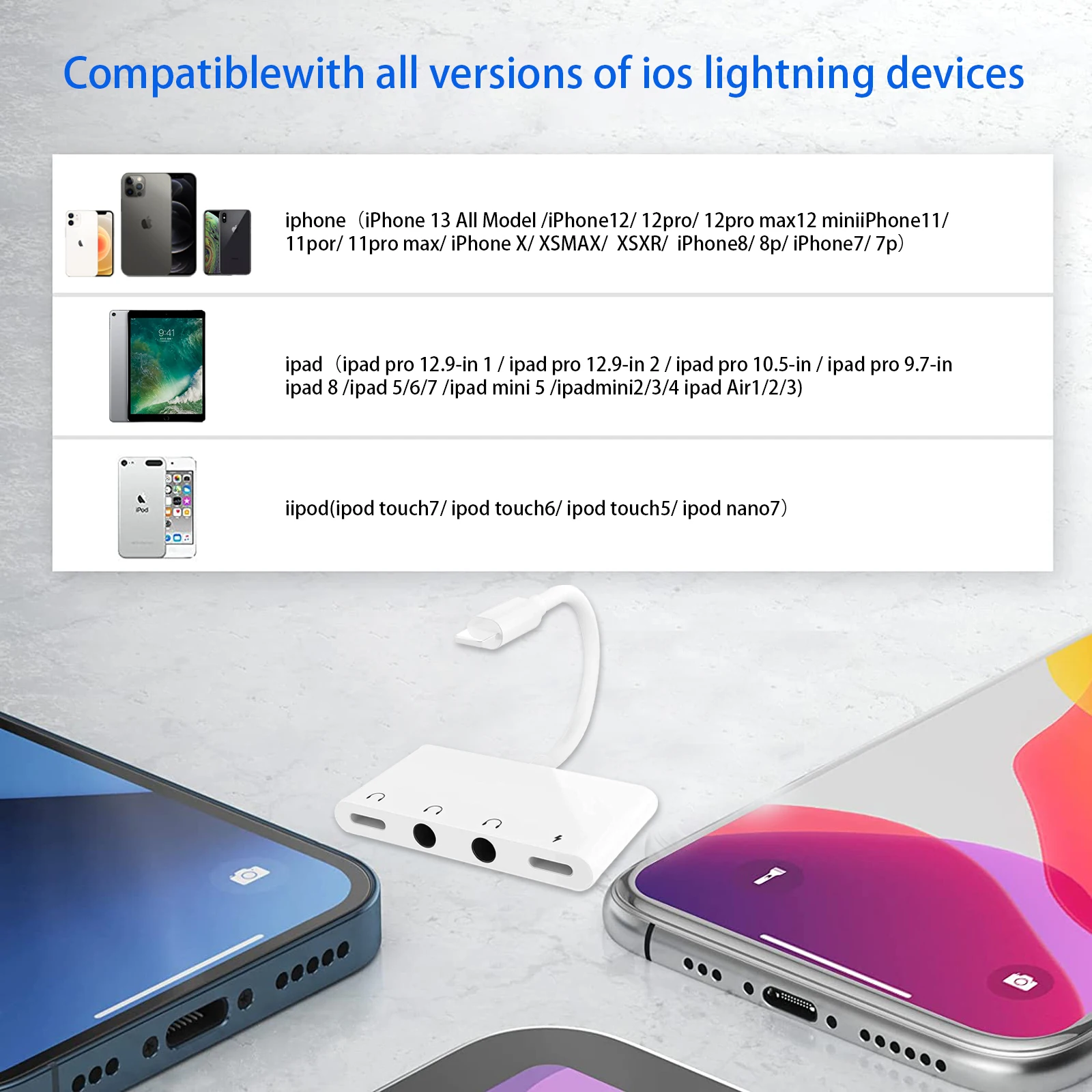 Lightning To Headphone Adapter Lightning iPhone to Dual 3.5mm Aux Audio Headphone/Earphone Jack Adapter Charging