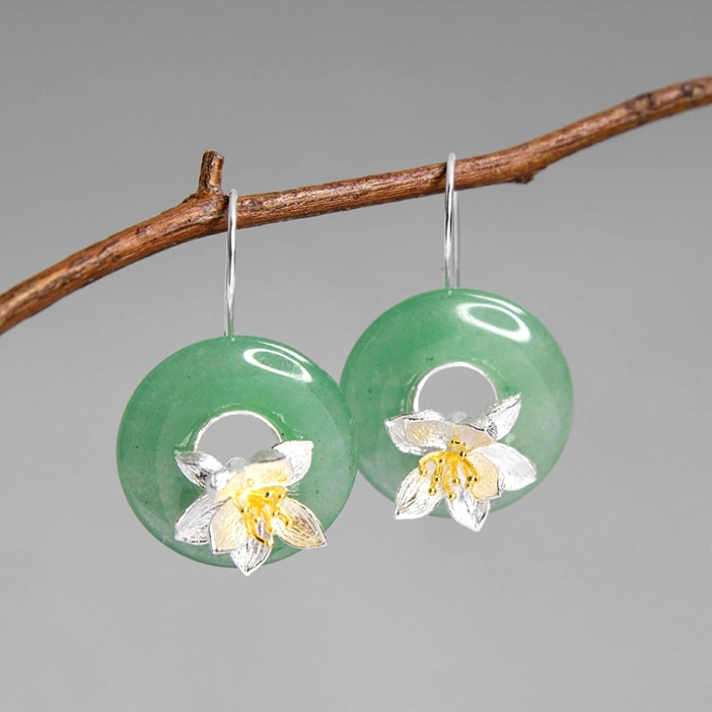 

INATURE 925 Sterling Silver Lotus Flower Natural Stone Drop Earrings for Women Fashion Jewelry