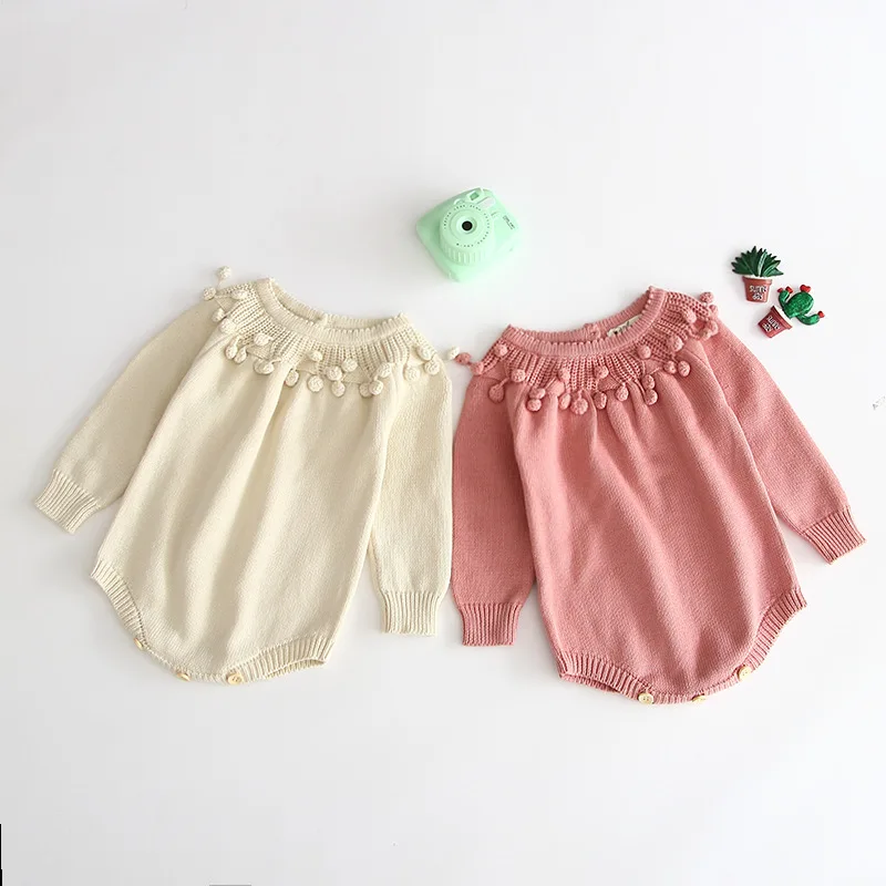 

Newborn Girls Balls Tassels Knitted Romper Pink Beige Color Toddler Kids New Autumn Spring Lovely Romper