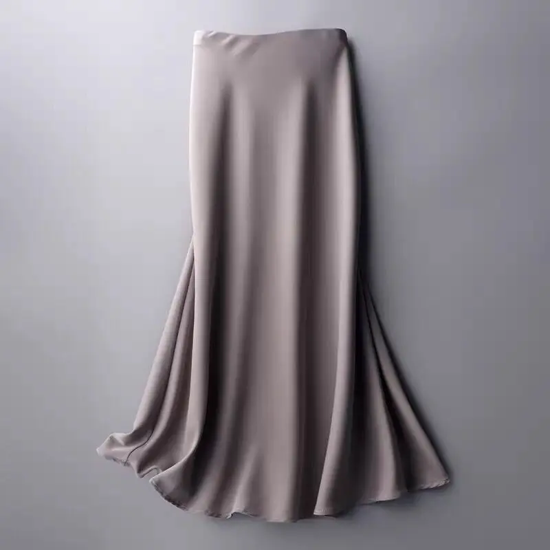Summer Silk Midi Skirts Womens Korean England Style Satin Office Lady Simple Solid Elegant Faldas Mujer Moda Long Skirts Womens