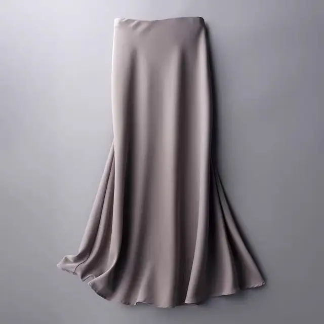 Summer Silk Midi Skirts Womens Korean England Style Satin Office Lady Simple Solid Elegant Faldas Mujer Moda Long Skirts Womens grey