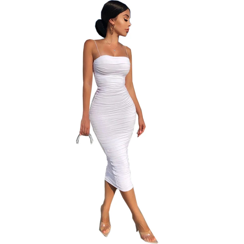 

BKMGC 2019 Lady Fashion Sexy Wrinkled Sling Dress Autumn High Waist Elegant Long Street Style Party Night Pleated Bohemian Dress
