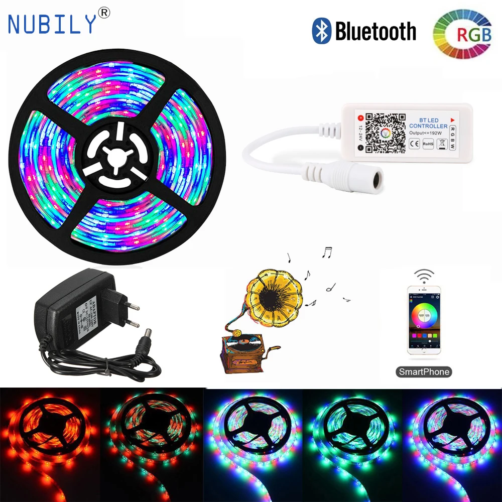 RGB светодиодные полосы света с Bluetooth контроллером 5 м 300 светодиодный водонепроницаемый светодиодный Tiras10M 15 м Смарт Музыка вечерние свет 12 В светодиодный адаптер