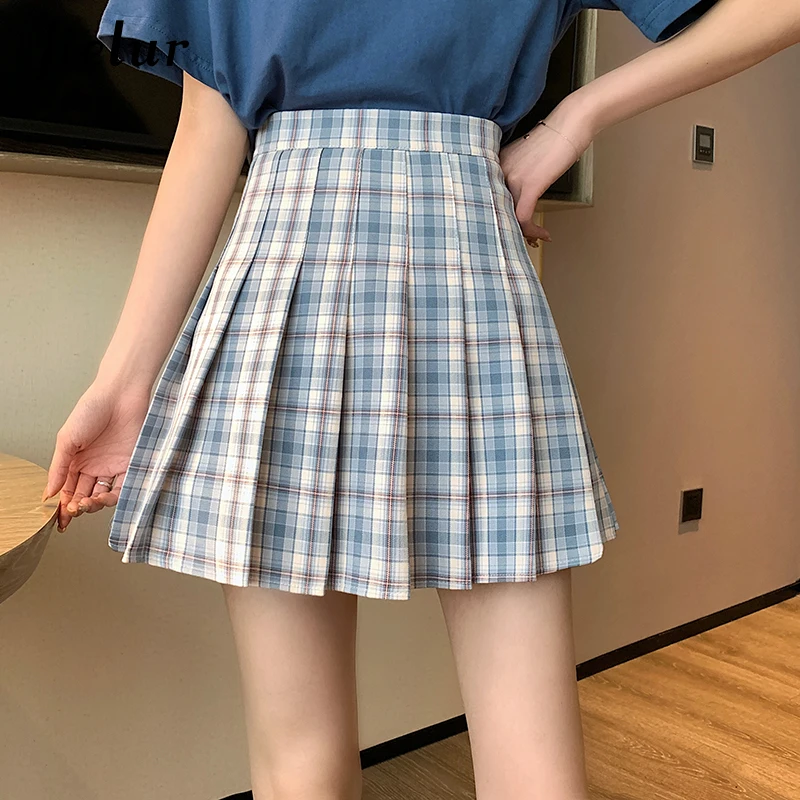 

Jielur Korean Plaid Pleated Women Skirts High Waist A-line Mini Skirts Kawaii XS-L Summer Harajuku College Style Female Skirt