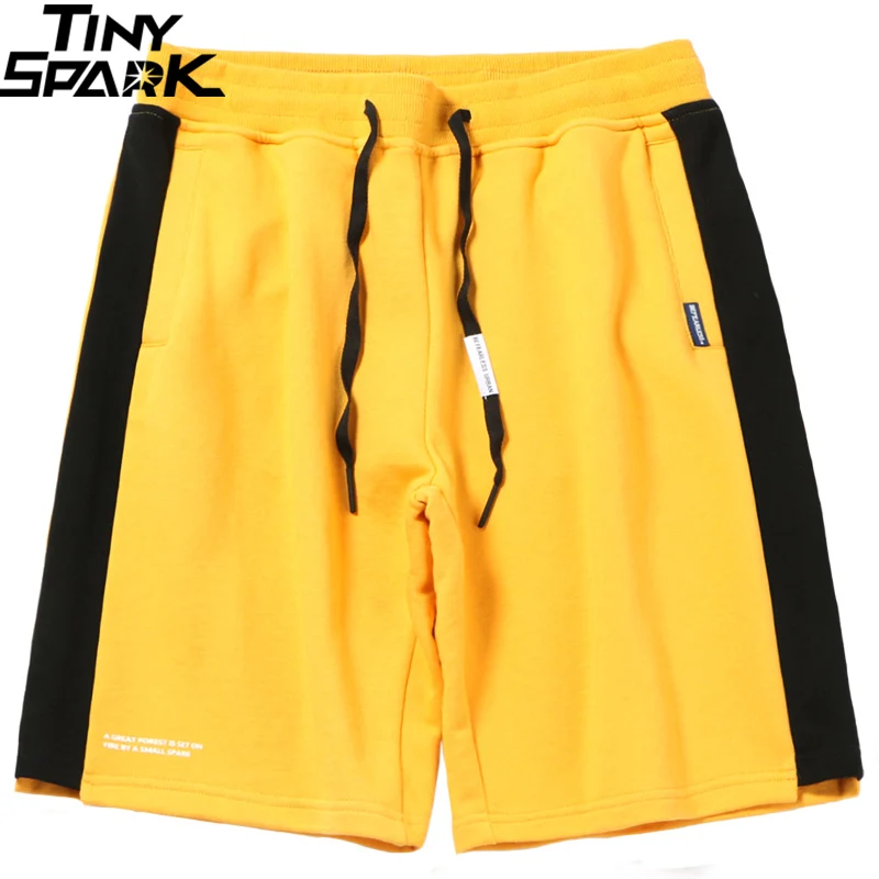 Короткие уличные шорты в стиле хип-хоп Харадзюку для бега, летние мужские спортивные шорты в стиле хип-хоп с карманами, хлопковые повседневные шорты черного и желтого цвета