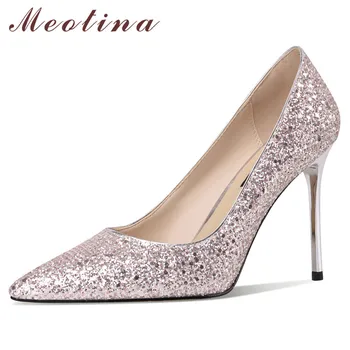 

Meotina High Heels Women Shoes Luxury Glitter Extreme High Heels Party Shoes Shallow Pointed Toe Pumps Female Sliver Size 33-40