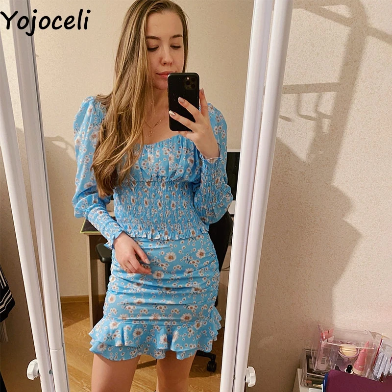 

Yojoceli Elegant summer daisy ruffle women clothing 2 pieces set Bodycon spring vintage dress Beach club sexy short dress