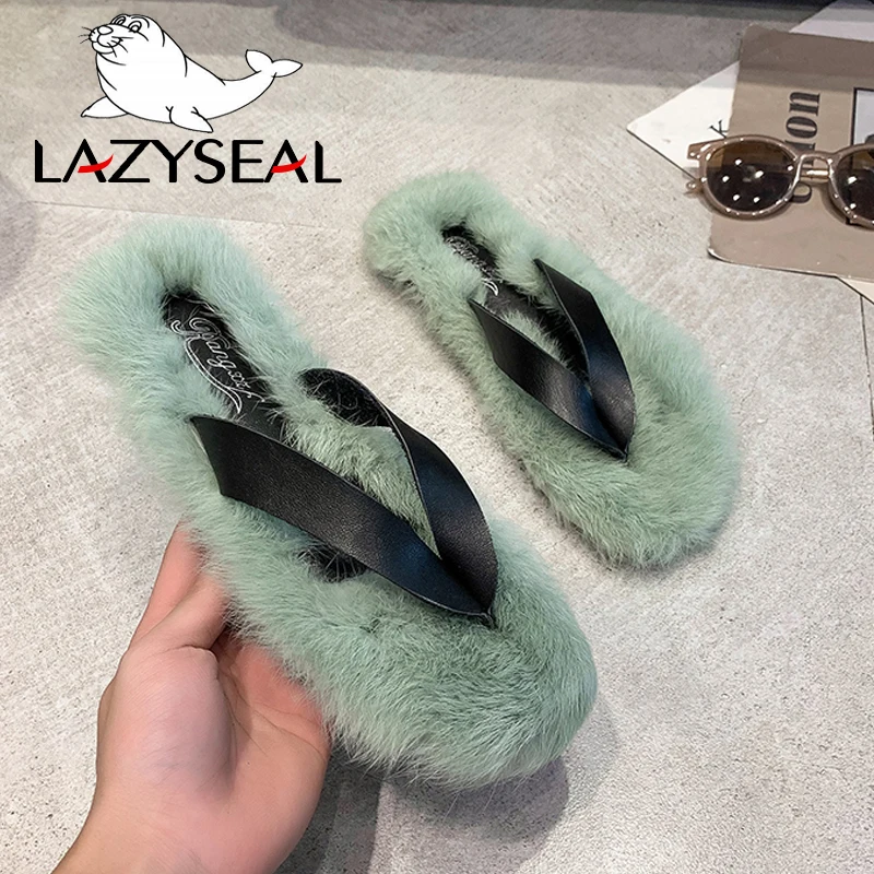LazySeal обувь с разноцветным мехом; женские Вьетнамки; Новинка; Модные женские домашние тапочки на Плоском Каблуке; сезон осень-зима; женские шлепанцы без задника
