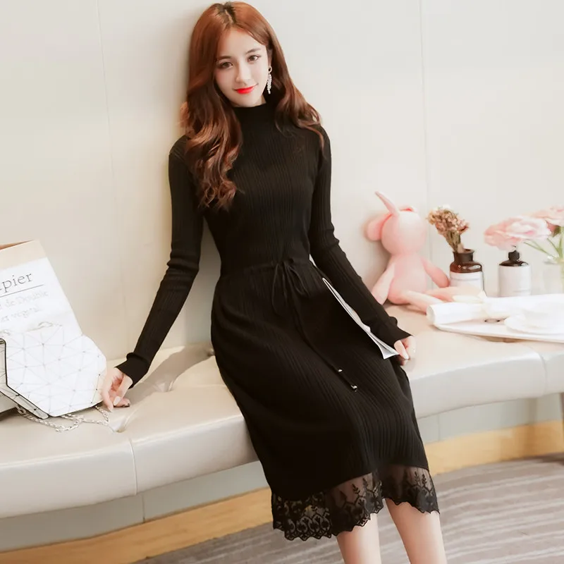 

Lace Patchwork Sweater Dress Women Winter Knitted Dresses Candy Color Solid Vestidos Casual Female Half Turtleneck Dress K8008