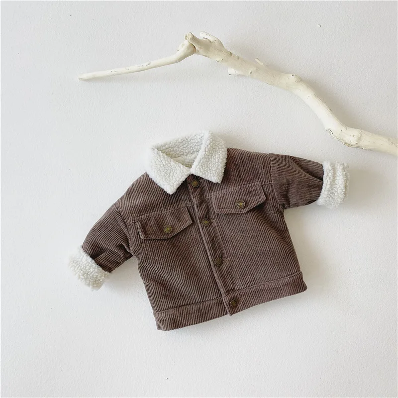 Осенне-зимняя детская одежда, куртка теплая куртка для мальчиков и девочек детские топы из шерсти плотное пальто вельветовое пальто с отворотами