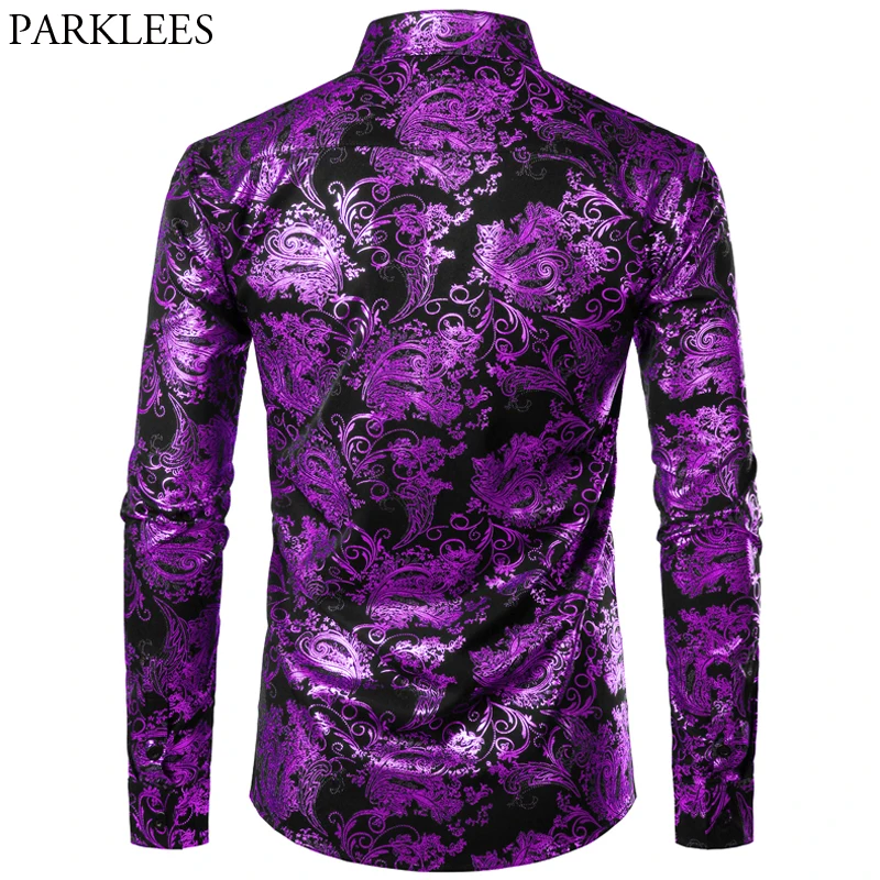 Фиолетовая Мужская Цветочная женская блузка, блестящий цветок, мужская рубашка, роскошные модные вечерние мужские рубашки, повседневные Клубные рубашки