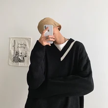 Осенний свитер мужской модный контрастный цвет Повседневный свитер с v-образным вырезом пуловер Мужской уличная дикая свободная дыра теплый свитер M-2XL