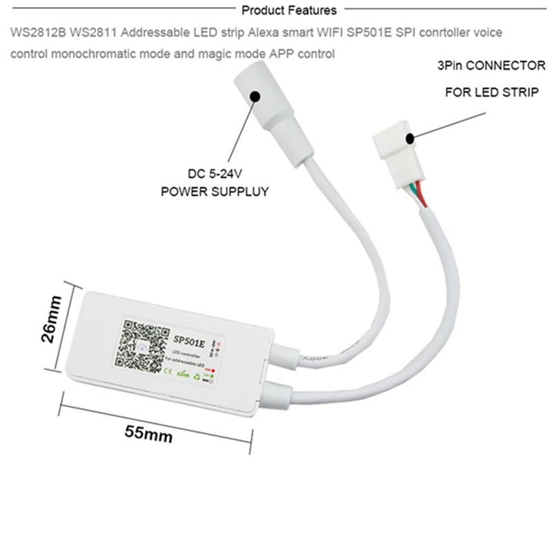 DC5-24V SP501E wifi адресуемый WS2812B SK6812 UCS1903 контроллер светодиодной ленты работает с Amazon Alexa Поддержка 2,4G wifi