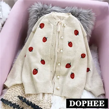 

Academic Style Korean Strawberry Embroidery Knitted Cardigan Women's Spring and Autumn Casual Sweater Coat Loose Knitwear