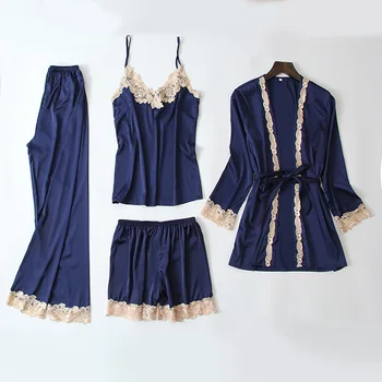 

Pajamas Suit Bridal Wedding Gift Silky Pijamas Sexy Women Sleepwear 4PCS Nighty&Robe Set Satin Lace Patchwork Intimate Lingerie