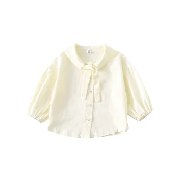 

WLG Girls Beige Casual Shirts Kids Spring Autumn Turn Down Collar Long Sleeve Single Breasted Blouse Baby Girl All Match Tops