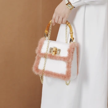 

Vintage Alligator Bamboo Handle Women Handbags Crocodile Pattern Mink hair Women's Shoulder Bags Top-handle Woman Totes Ladies