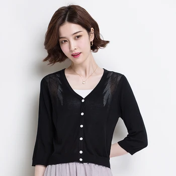 

Blouse Tops cardigan women short fashion sexy black v-neck knitting summer clothing thin sunproof beach-cover female outerwear