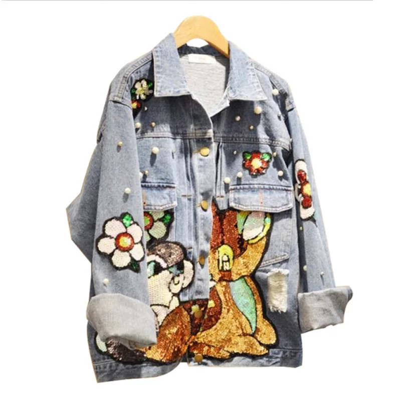 

2019 spring and autumn women's Korean version of the wild network red design cartoon sequins patch denim jacket