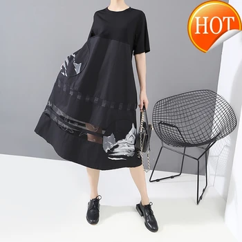 

Black Pattern Women Print Sttich Mesh Long Dress New Round Neck Short Sleeve Loose Fit Fashion Spring Summer 2020