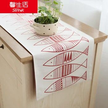 

Fish pattern Linen Table runner cloth rectangle Table Flags ocean tabletop for table or bed country side style weddig gift