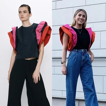 

Newly Fashion Streetwear Black ZA Tops Trendy Casual Flare Sleeve Women Autumn Spring O-Neck Clothes Female Party Top Wholesale
