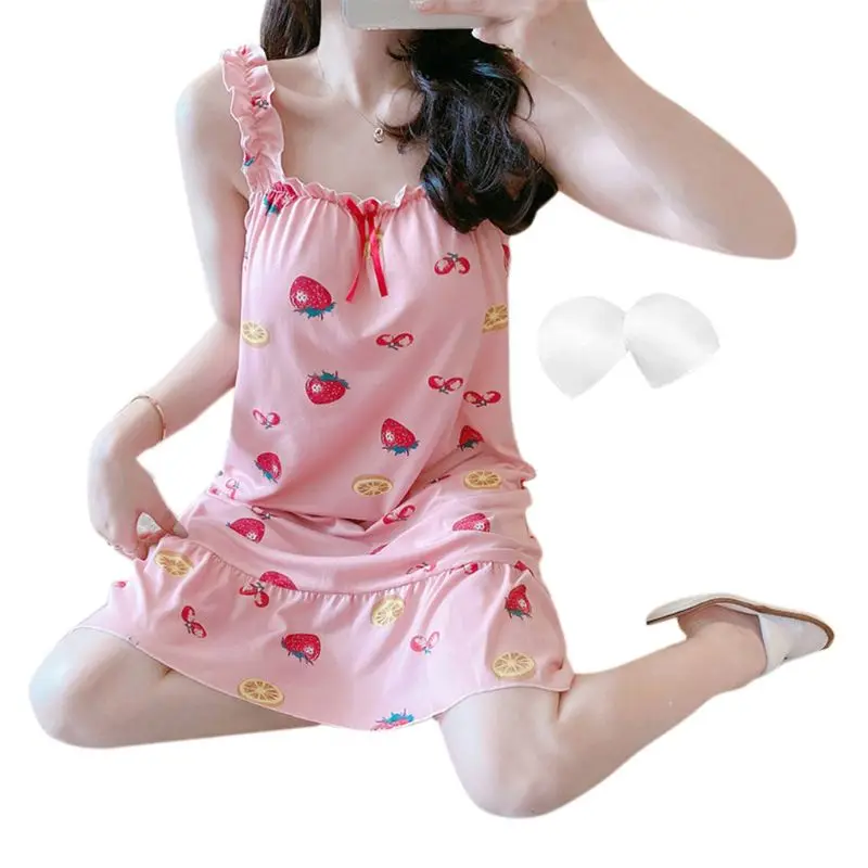 Женская свободная ночная рубашка без рукавов, оборки, ленты ночная рубашка с бантом, милая Клубничная пижама с принтом|Ночные сорочки и пижамы| | АлиЭкспресс