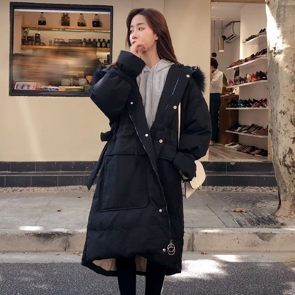 Photo Shoot Main Push CHIC Off-white Elegant Bell Sleeve Waist Hugging Lace-up down Coat Ol Hooded Large Fur Collar Cotton-padde