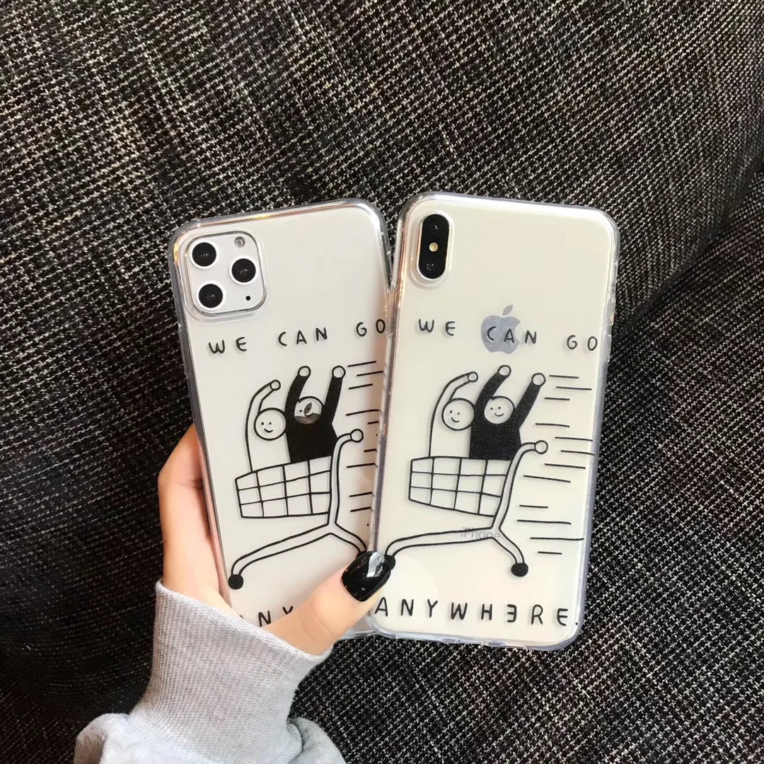 

INS Shop line Cart Cute expression Text Phone case For iphone Xs 11 pro MAX XR X 6 6s 7 8 plus couple clear soft TPU back Cover