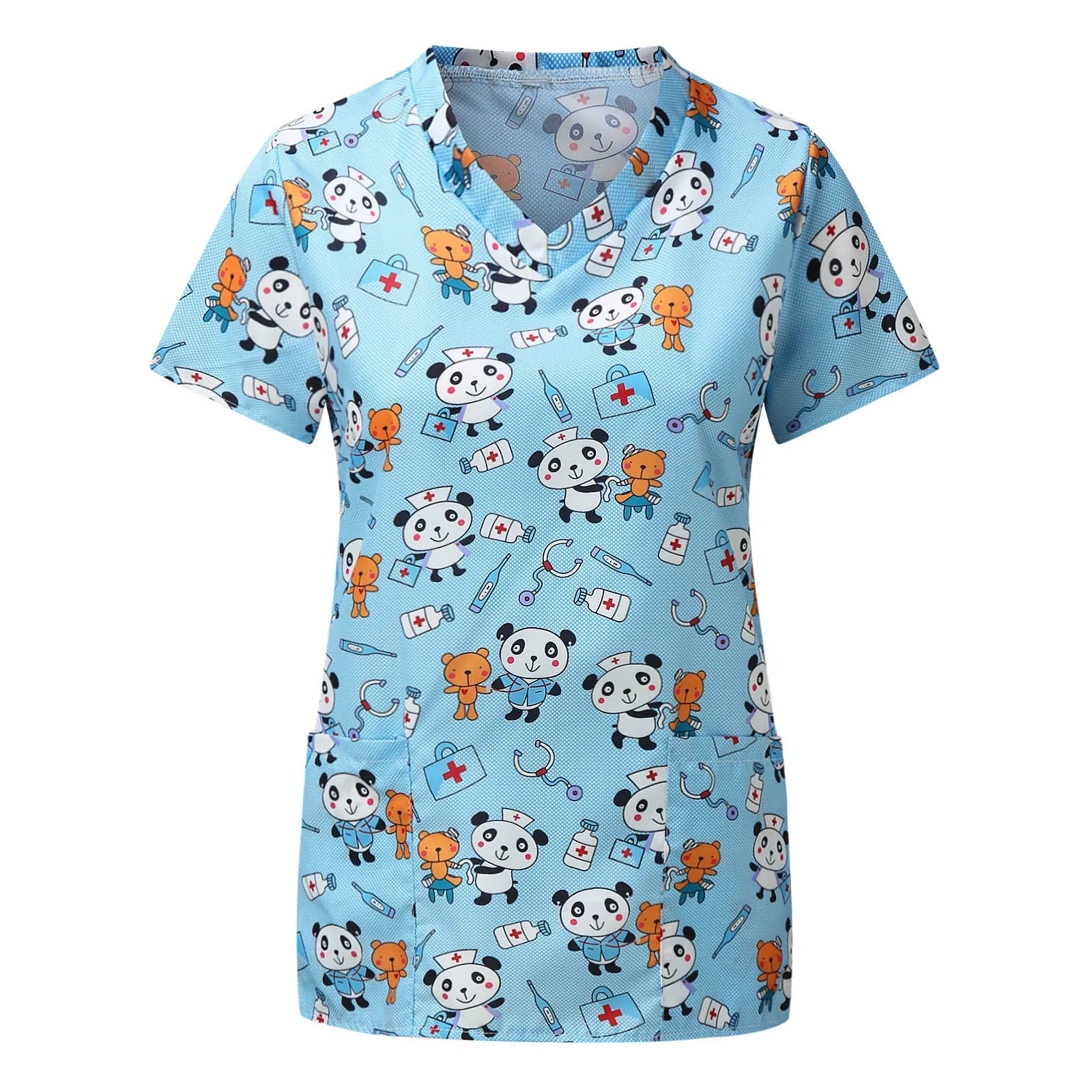 Cartoon Print Casual Scrubs Tops Women Short Sleeve Clinic Uniform