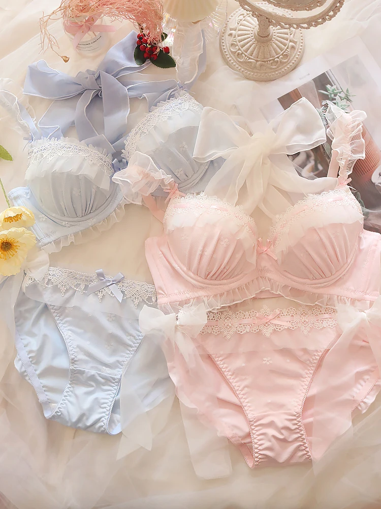 Japanese cute girls bra set fresh blue water-soluble lace sexy bralette suit underwired bows gathered large size bra underwear