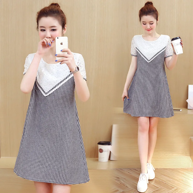 

2018 New Style Summer Maternity Dress Mid-length Loose And Plus-sized Short Sleeve T-shirt Lace Dress Summer A- line Skirt