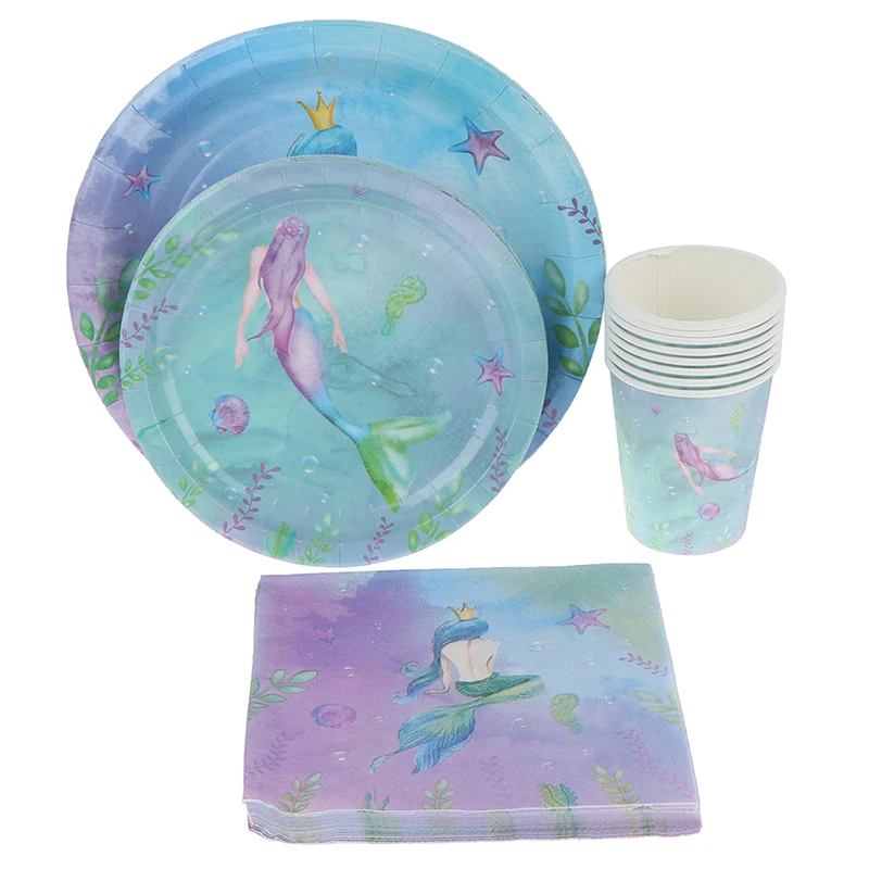 8/20pcs Happy Birthday Party Set Mermaids Party Tableware Plates Napkins Cups Baby Shower Party Decorations